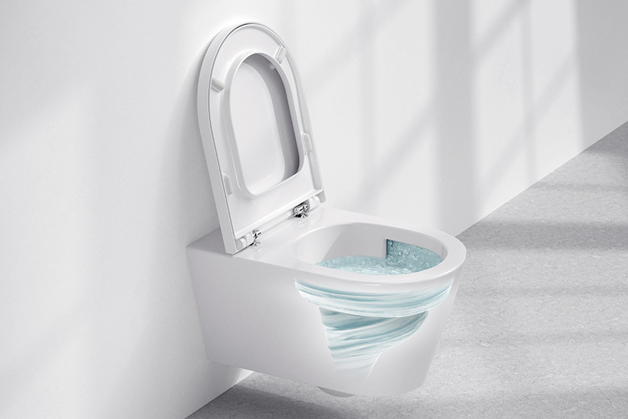 Weißes WC mit geöffnetem Deckel und Sitz, Teil der Keramik ist durchsichtig damit man den Spülprozess sieht